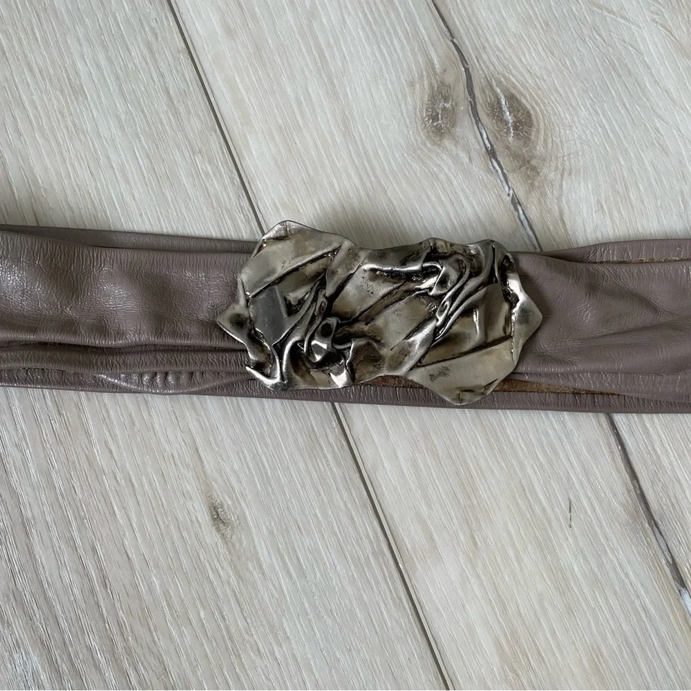 Vintage Leather Belt With Metal Brutalist Buckle Tan Taupe One Size